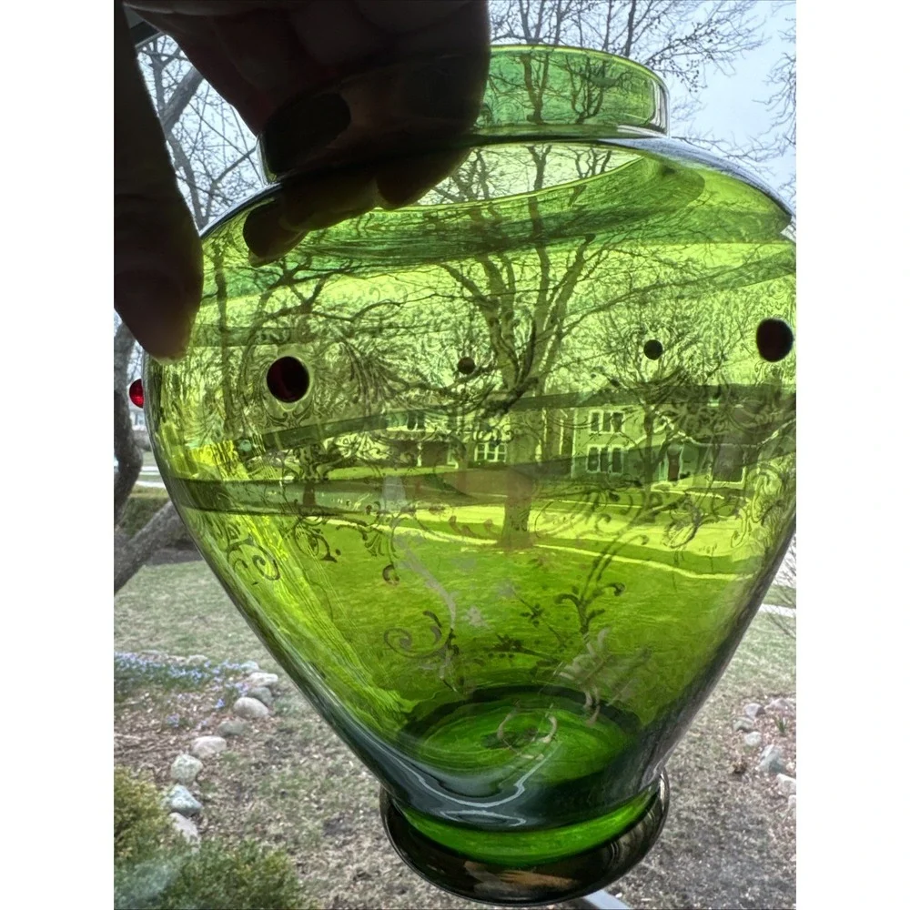 Antique Bohemian Green Glass Vase Gold‎ Gilt & Red Cabochon Jeweled Art Glass 8